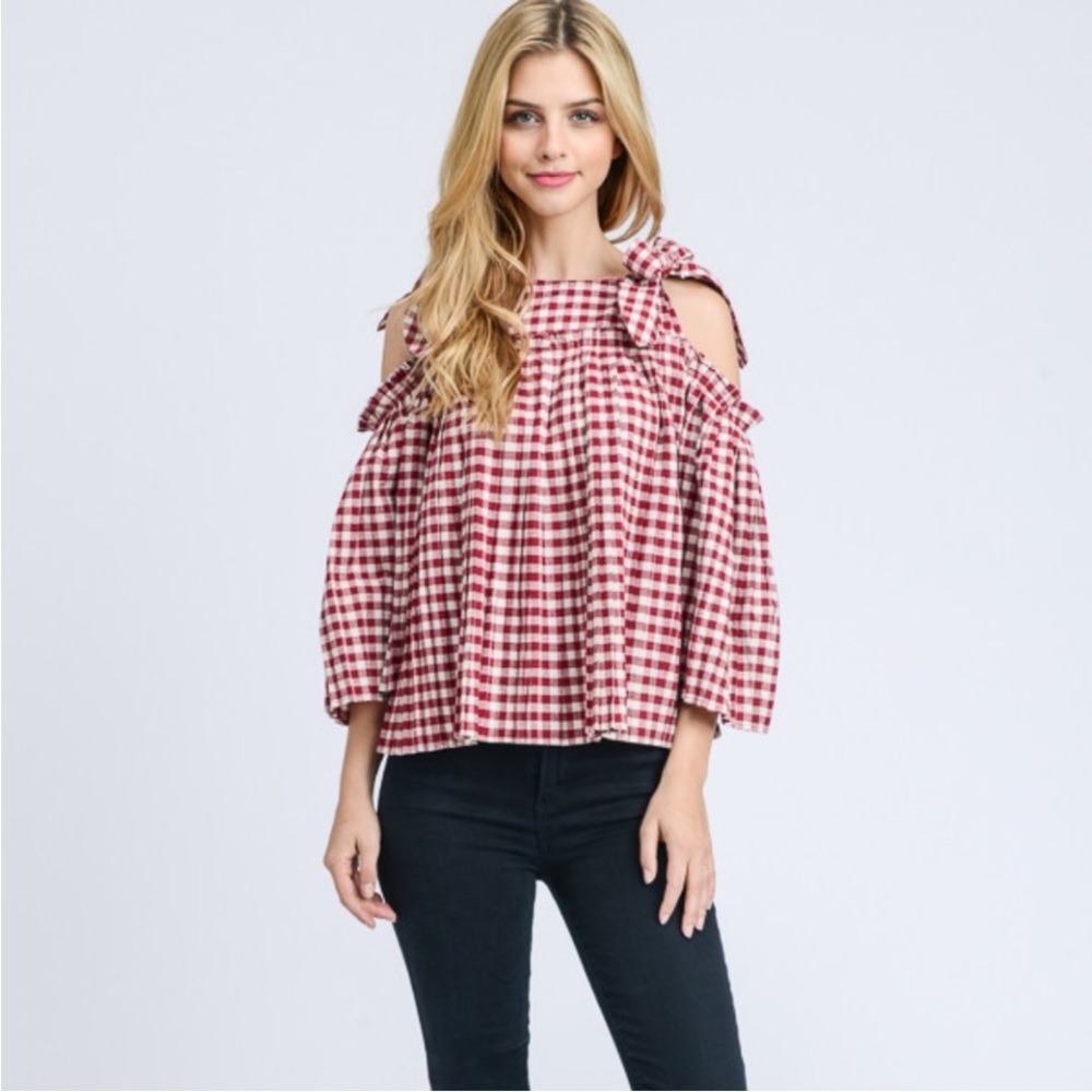 DOE & RAE Red and White Gingham Checked Cold Shoulder Butterfly Sleeve Blouse - Picture 1 of 17